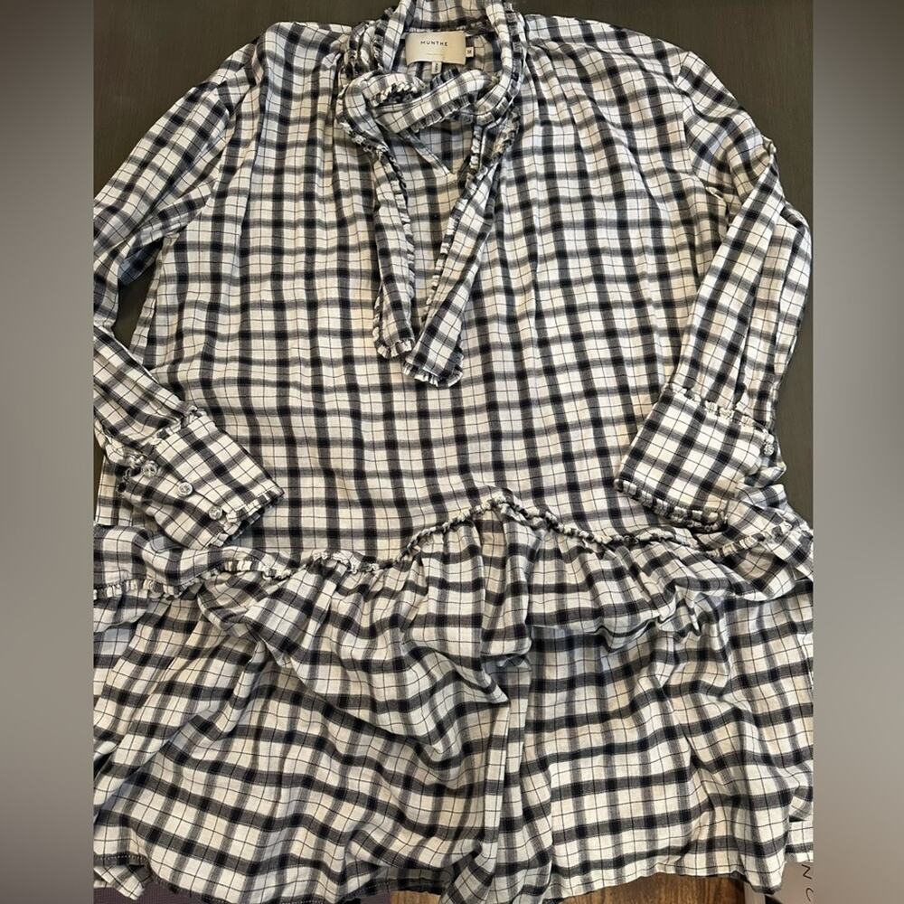NWOT MUNTHE Tie-neck Ruffled Checked Cotton Dress - Picture 10 of 12